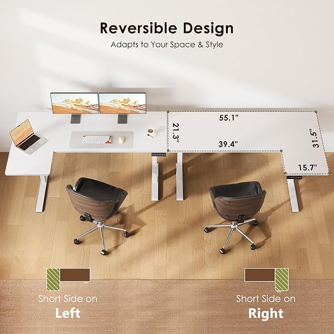 OffiGo Electric L Shaped Standing Desk, 55 Inches Height Adjustable Table, Reversiable Corner Stand Up Desk, Lifting Computer Table for Home Office, Computer Workstation, White