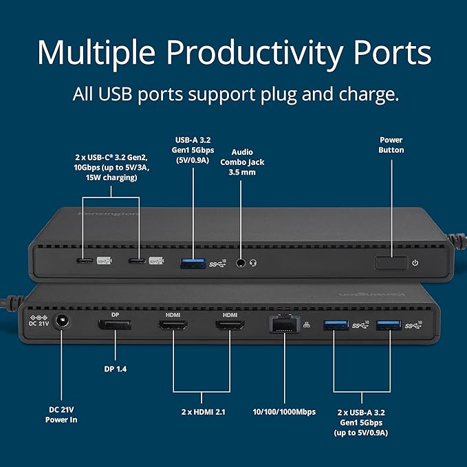 Kensington SD4842P EQ 12-in-1 USB-C Triple Video Docking Station, Triple 4K 60Hz, 100W PD, Compatible with MacBook M1/M2/M3/M4 and Windows Laptops (K32810NA) Black