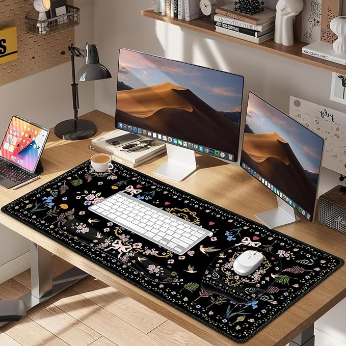 Mouse Pad with Wrist Support 4 in1 Set, XXL Big Game Mousepad + Keyboard Wrist Rest + Mouse Wrist Rest Pad +Coaster Gaming Mat for Home Office Work Computer Laptop I Vintage Floral Romantic Bow