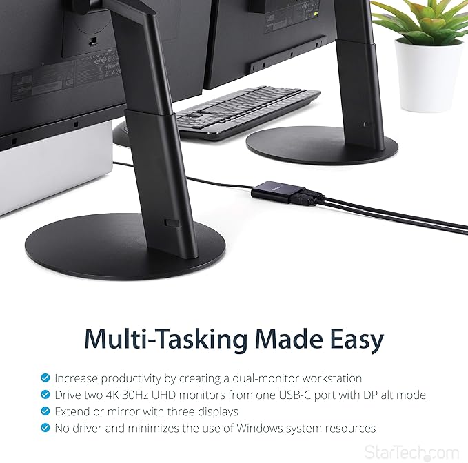 StarTech.com USB-C to Dual HDMI Adapter, USB Type-C Multi-Monitor MST Hub, Dual 4K 30Hz/1080p 60Hz HDMI Laptop Display Extender / Splitter, Extra-Long Built-In Cable, Windows Only (MSTCDP122HD)