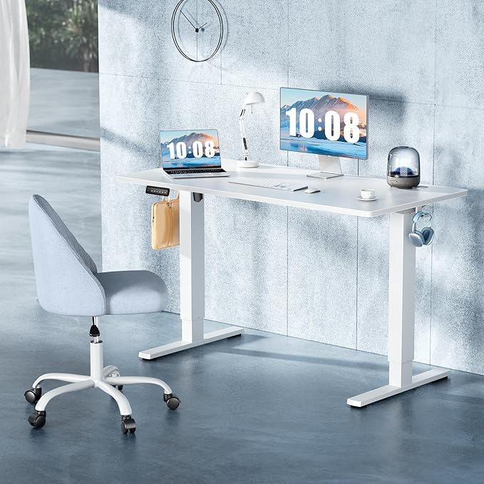DUMOS 40 Inch Electric Standing Desk Height Adjustable, Sit to Stand Up Computer Workstations Work PC Table Home Office Study Writing Gaming Desks with Memory Presets for Walking Pad, Bedroom, White