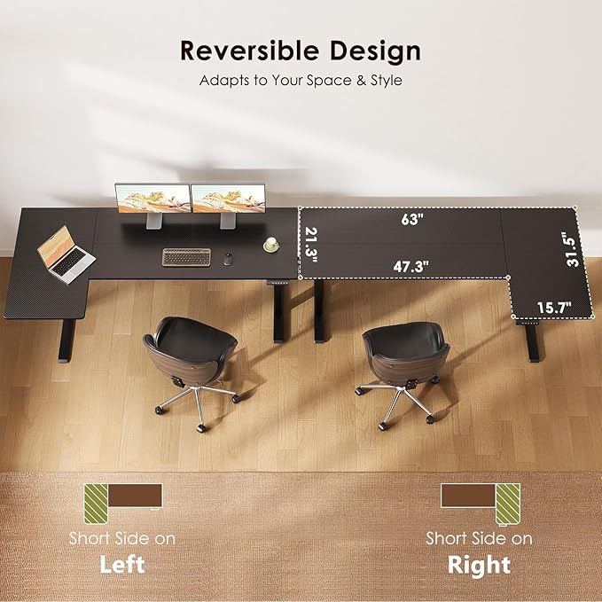 OffiGo Electric L Shaped Standing Desk, 63 Inches Height Adjustable Table, Reversiable Corner Stand Up Desk, Lifting Computer Table for Home Office, Computer Workstation, Carbon Fiber Black