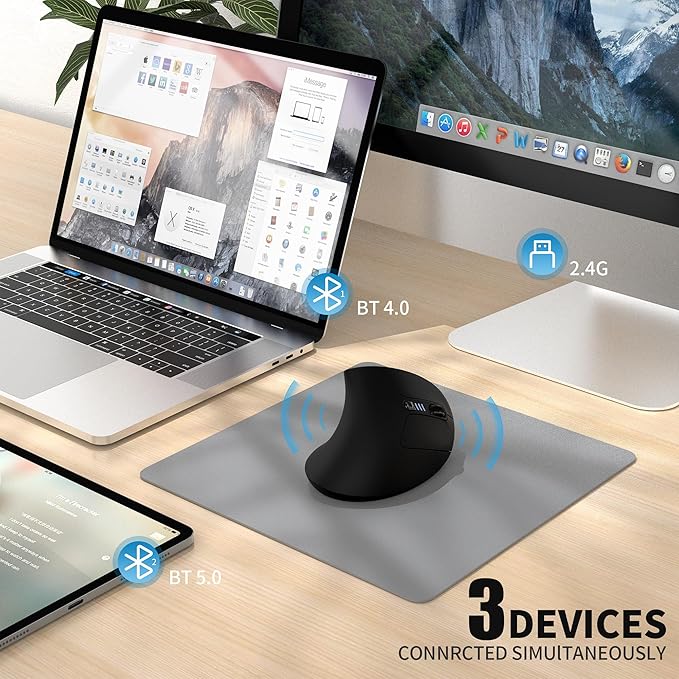 Uineer Ergonomic Mouse, Wireless Bluetooth Rechargeable Vertical Mouse, 7 Color LED, 4 DPI Adjustable, USB-A, Wrist Strain Relief,Optical Mice for Computer/PC/Laptop, Black