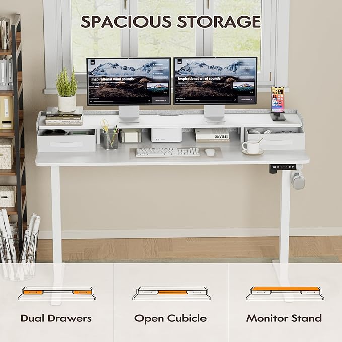 Furmax Electric Standing Desk with Drawers, Stand Up Desk with Storage Shelf Height Adjustable Computer Desk with Organizer for Home Office Ergonomic(White, 55 Inch)