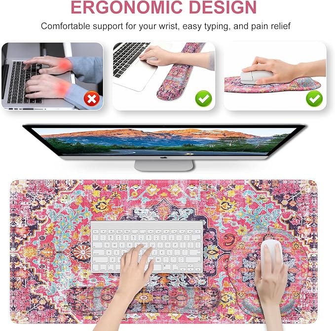 iLeadon Mouse Pad Set, Boho Desk Mat + Mouse Pad with Wrist Rest + Keyboard Wrist Rest + Coaster, 4in1 Mouse and Keyboard Pad Set for Home Office, Rug Fuchsia