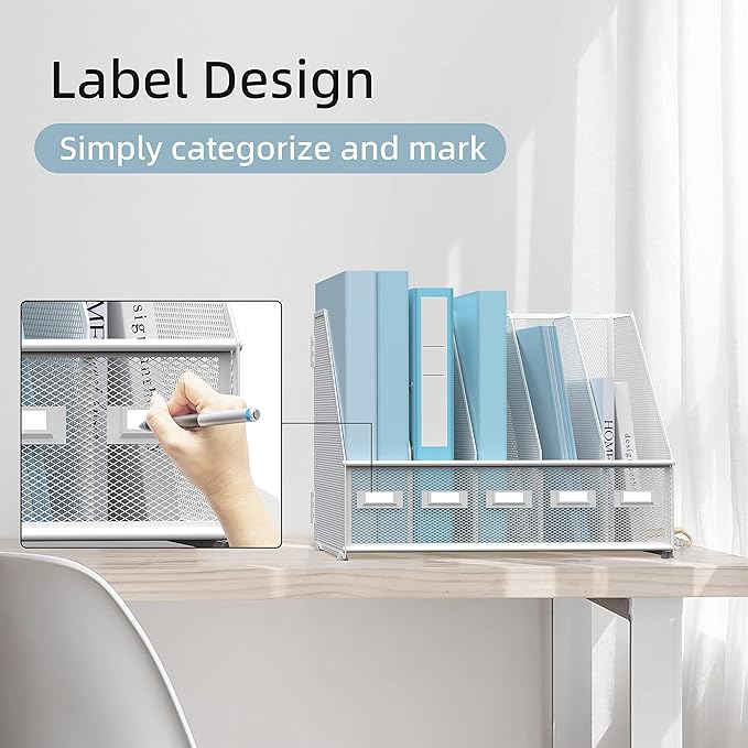 SUPEASY Desk Organizers Metal Desk Magazine File Holder with 5 Vertical Compartments Rack File Organizer for Office Desktop, Home Workspace, White (Pack of 2)