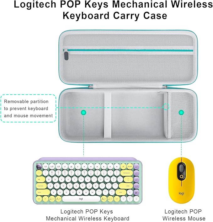 Elonbo Hard Carrying Case for Logitech POP Keys Mechanical Wireless Keyboard, Portable Bluetooth Wireless External Keyboard Travel Case Bag, Extra Mesh Pocket Fits Mouse Included USB Dongle,Turquoise