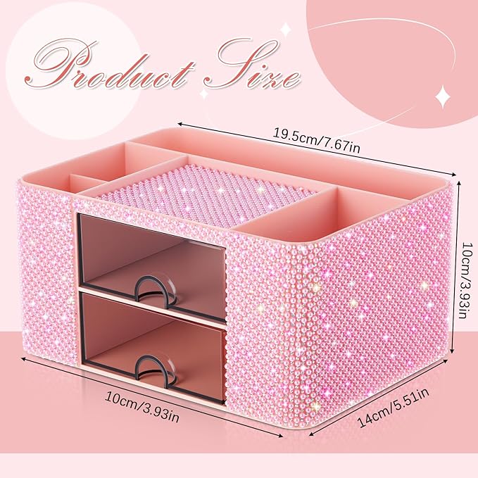 Pink Bling Desk Organizer with 2 Drawer, Sparkly Makeup Organizer for Vanity, Girly Desk Accessories, Rhinestone Pen Holder, Elevate Your Workspace with Pink Serenity (Pearl)