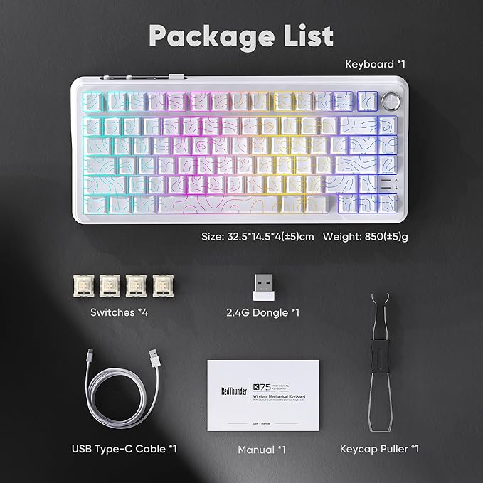 RedThunder K75 Wireless Mechanical Keyboard, CNC Knob, Tri-Mode BT5.0/2.4GHz/USB-C Hot Swappable Custom, Pre-lubed Linear Coconut Switches, Gasket Structure, RGB Gaming Keyboard, White Contour Lines