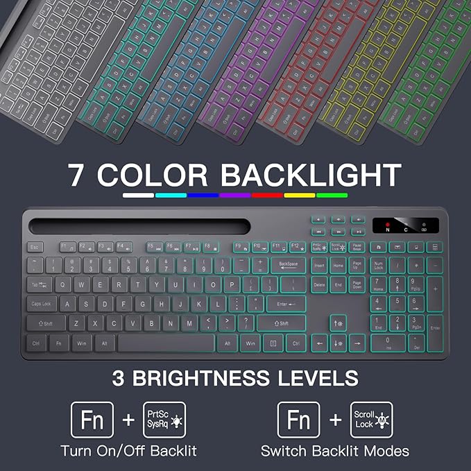 Wireless Keyboard with 7-Color RGB Backlit, Full-Size Computer Keyboard with Phone Tablet Holder, 2.4G Rechargeable Gaming Keyboard with Light Up Keys, Compatible with Mac, Windows (Grey)