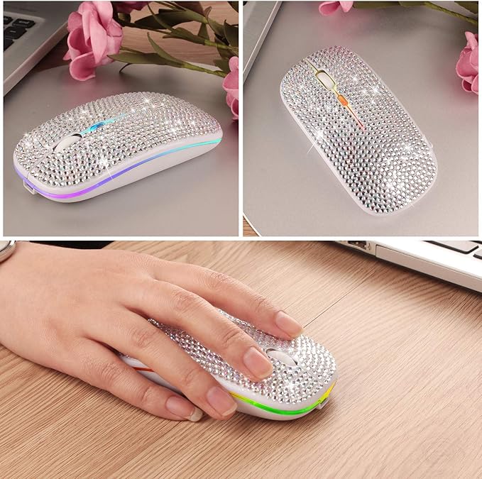Bluetooth Mouse,Bling Dazzling 2.4GHz Rechargeable Wireless Mouse Slim Mouse with USB Receiver, Compatible with Notebook, PC, Laptop, Computer, MacBook,Great Present idea for Her (White)