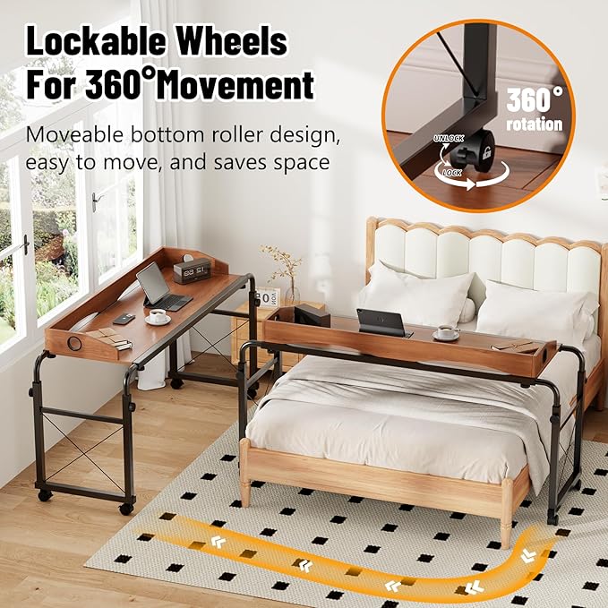 BYMECOST Laptop Desk for Bed, Adjustable Height & Length Laptop Bed Table,Overbed Table with Wheels for Queen Size Beds,Rolling Standing Desk,Over Bed Table for Working Reading Eating