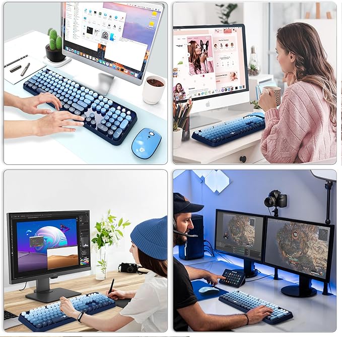 Wireless Keyboard and Mouse Combo,Retro Typewriter Style Gradient Blue Keyboard with Cute Bubble Round Keycaps,2.4GHz Full Size Clicky Creamy Keyboard & 3 DPI Mouse for PC Laptop Desktop-Navy Blue