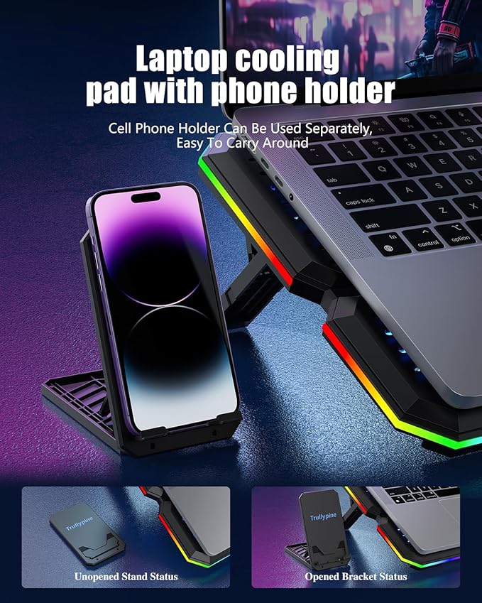 Laptop Cooling Pad, Gaming Laptop Cooler with 10 Quiet Fans, Height Adjustable Laptop Cooling Stand for 12"-18.1" Laptops, RGB Lights with Laptop Fan with 2 USB Port and Phone Stand