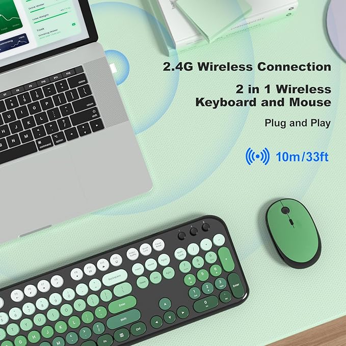 Wireless Keyboard and Mouse Combo, MOWUX Colorful Computer Full Size 2.4G Plug and Play Wireless Typewriter Keyboard and Mouse Set for Computer, Desktop, PC (Black Green Gradient)