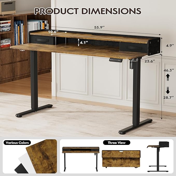 Furmax Electric Standing Desk with Drawers, Stand Up Desk with Storage Shelf Height Adjustable Computer Desk with Organizer for Home Office Ergonomic (Rustic Brown, 55 Inch)