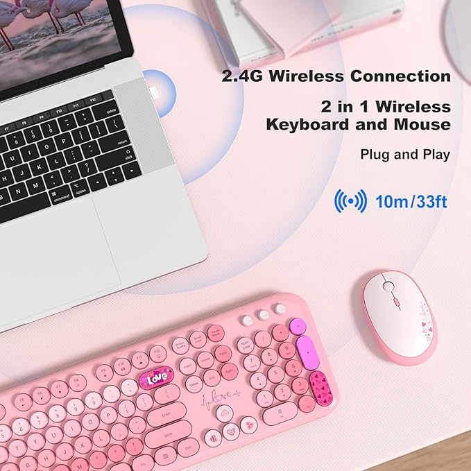 MOFII Wireless Keyboard and Mouse Combo, Cute Keyboard Full Size and Wireless Mouse, 2.4GHz Retro Typewriter Keyboard Wireless Mouse Set for PC/Desktop/Laptop/Windows (Pink Colorful)