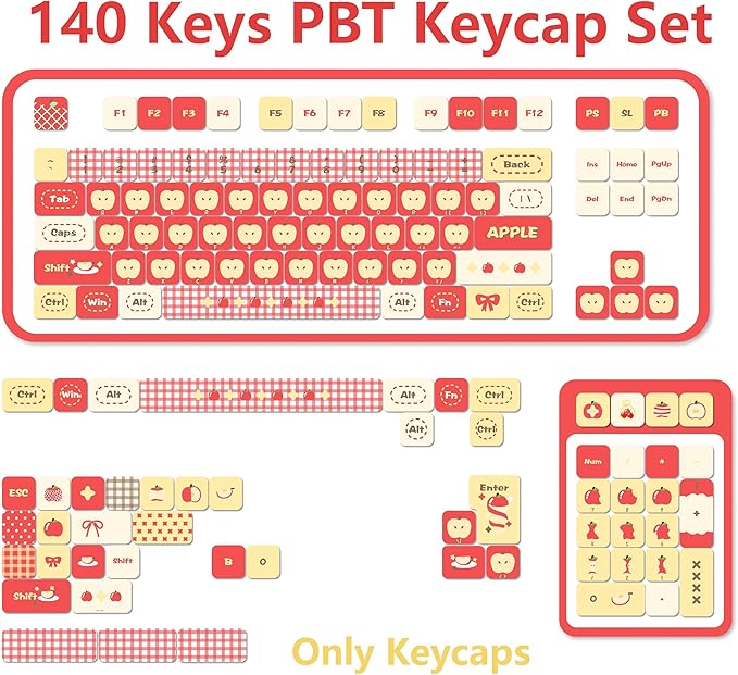 MOA Profile PBT Keycaps - Kawaii Red Keycap, 140 Key Cute Anime Custom Keycaps for Mechanical Keyboards with Cherry/Gateron MX Switches(Safe Fruit Theme)