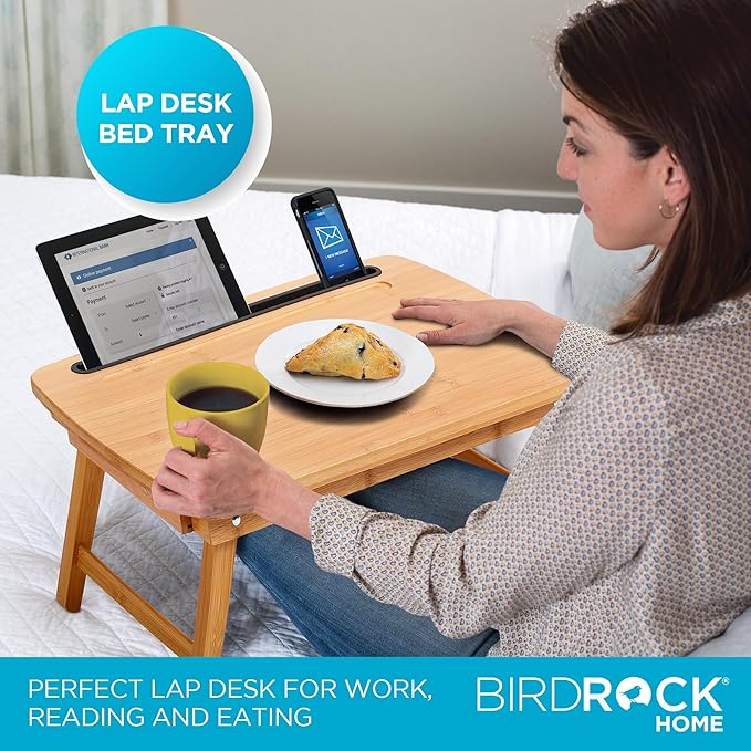 BIRDROCK HOME Bamboo Wood Lap Tray with Foldout Legs, Storage Drawer, Fits Laptops Up to 17", Tablet and Phone Slot, Laptop Table for Sitting or Standing, Work from Home, Workstation - Natural