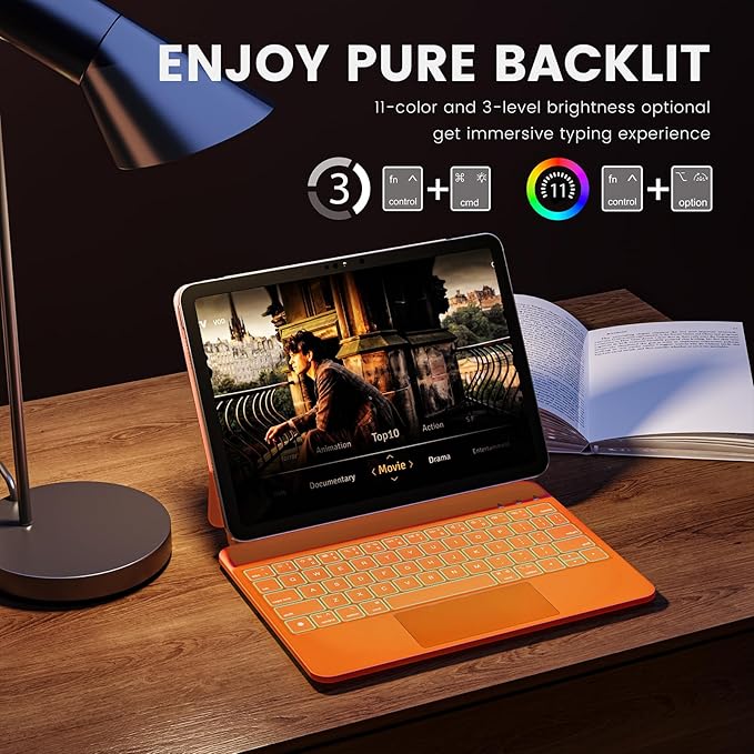 for iPad 11th(A16, 2025)/10th Generation Case with Keyboard, Magic Keyboard 2022, Springy Backlit Keys, Stain-Resistant Surface, Multi-Touch Trackpad, Orange