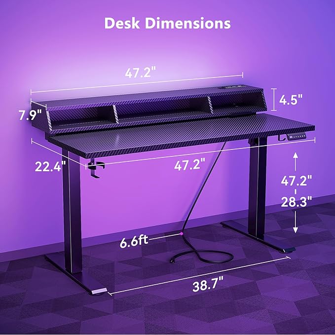 OffiGo Gaming Standing Desk with LED Light, 48 Inch Electric Height Adjustable Table with Power Outlet & Floating Monitor Stand, Sit Stand Computer Workstation for Home, Bedroom, Black