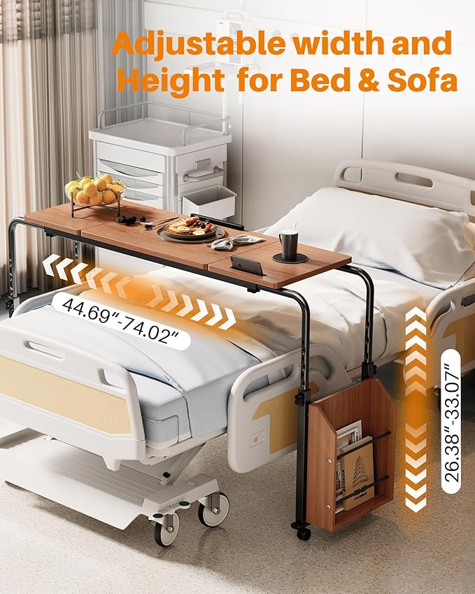 Laptop Desk for Bed,6-Angle Adjustable Overbed Table with Wheels,Adjustable Height and Length Bed Table for Laptop with Side Bookshelf,Standing Desk,Over Bed Desk for Working Hospital Home (Oaken)