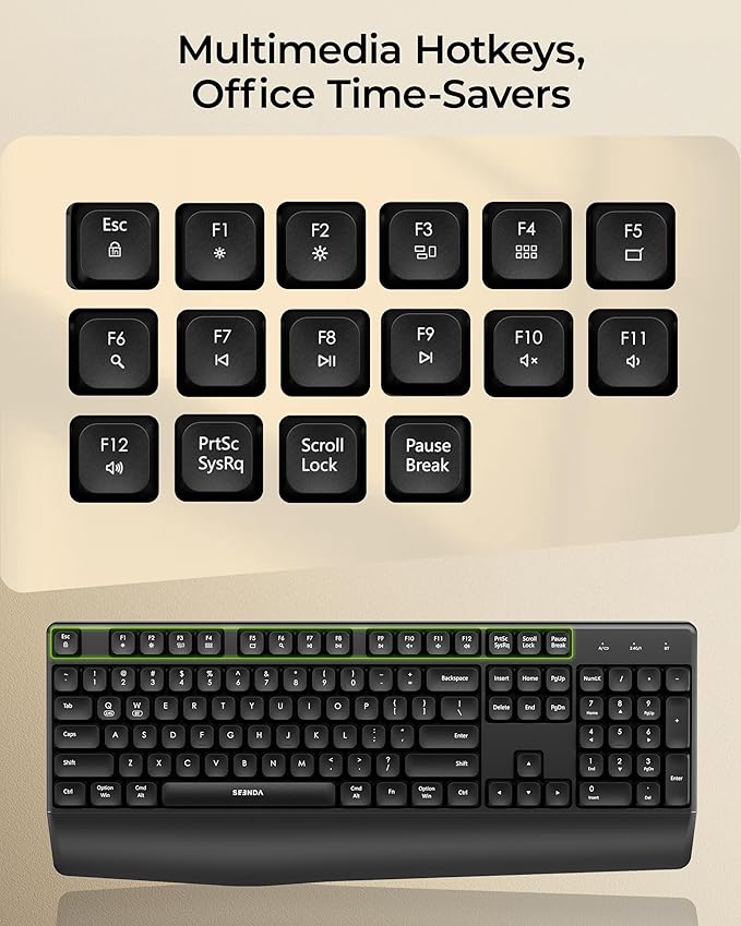 seenda Bluetooth Wireless Keyboard, Wireless Ergonomic Keyboard with Wrist Rest, Multi-Device Bluetooth Keyboard with Number Pad, Full-Size Keyboard for Computer/Laptop/Mac/MacBook, Black