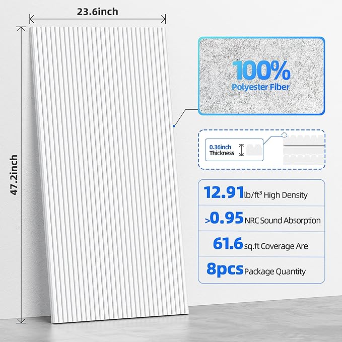 8 Pack Large Acoustic Panels Sound Absorbing with Self-Adhesive, 47.2”*23.6”*0.36” High Density Sound Proof Foam Panels for Walls, 3D Vertical Soundproof Wall Panels for Home Studio Office Decor-White