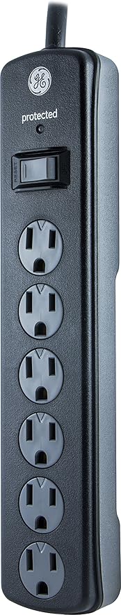 GE Surge Protector Power Strip, 8 Ft Extension Cord, 6 Outlet Extender, 1300 Joules, Flat Plug, Twist-to-Close Safety Covers, ETL Listed, Black, 33662