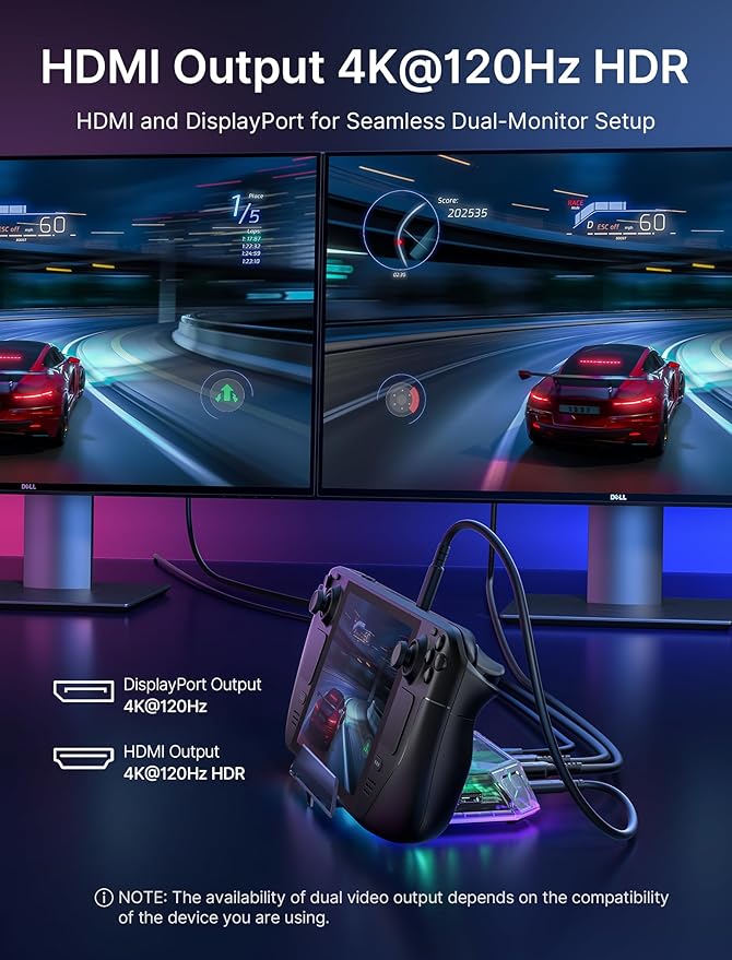 JSAUX RGB Docking Station for Steam Deck (OLED)/ROG Ally/Legion Go, 12-in-1 Handheld Dock with 4K@120Hz HDMI & DisplayPort Gigabit Ethernet USB C 3.2 USB A 3.2/2.0, SD/TF Slots 3.5mm Jack-HB1201S