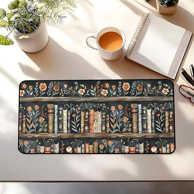 Vintage Flower Bookshelf Desk Mat, Library Book Mouse Pad Desk Pad, Extended Large Gaming Computer Laptop Keyboard and Mousepad, with Stitching Edges, for Women Office Desk Decor 31.5"X15.7"
