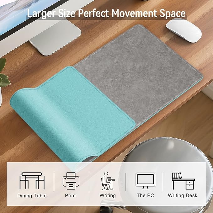 Imitation Crazy Horse Leather Desk Mat - Waterproof Desk Pad - Ideal for Large Mouse Pad and Desk Mats on Top of Desks (Light Gray+Light Blue, 25"*13")