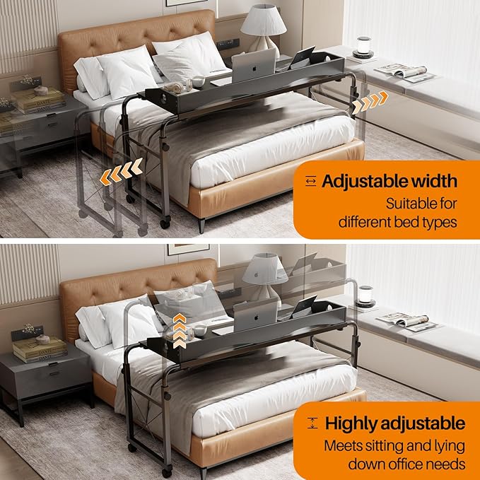 BYMECOST Laptop Desk for Bed, Adjustable Height & Length Laptop Bed Table,Overbed Table with Wheels for Queen Size Beds,Rolling Standing Desk,Over Bed Desk for Working Reading Eating