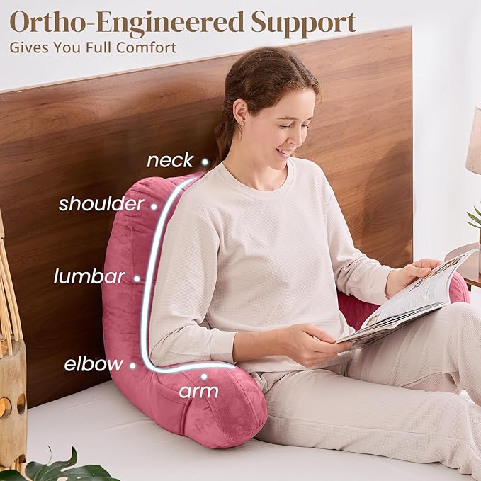 Sasttie Reading Pillow, Pillows for Reading or Relaxing – Ergonomic Support for Head, Neck, Back, and Lumbar, 21-Inch, Rose Pink