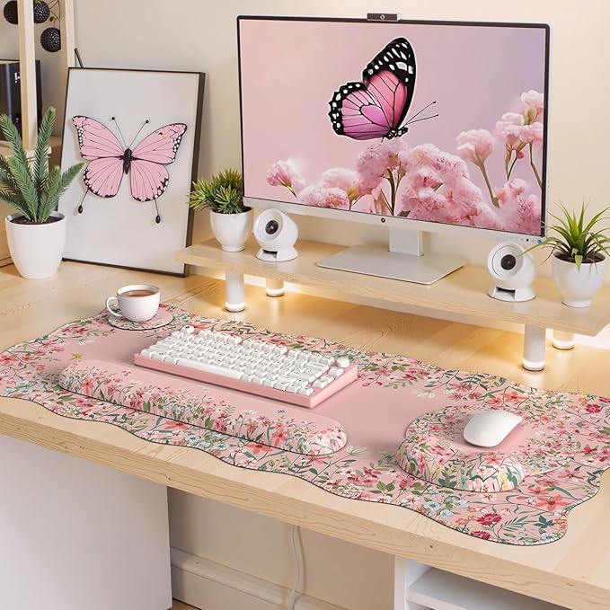 iLeadon Desk Matt for Desktop, Non Slip Base Mouse Pad with Wrist Rest, Wrist Pad for Keyboard, Gaming Mouse Pad Large, Anti-Fatigue Gel Mousepad with Wrist Support (Pink)