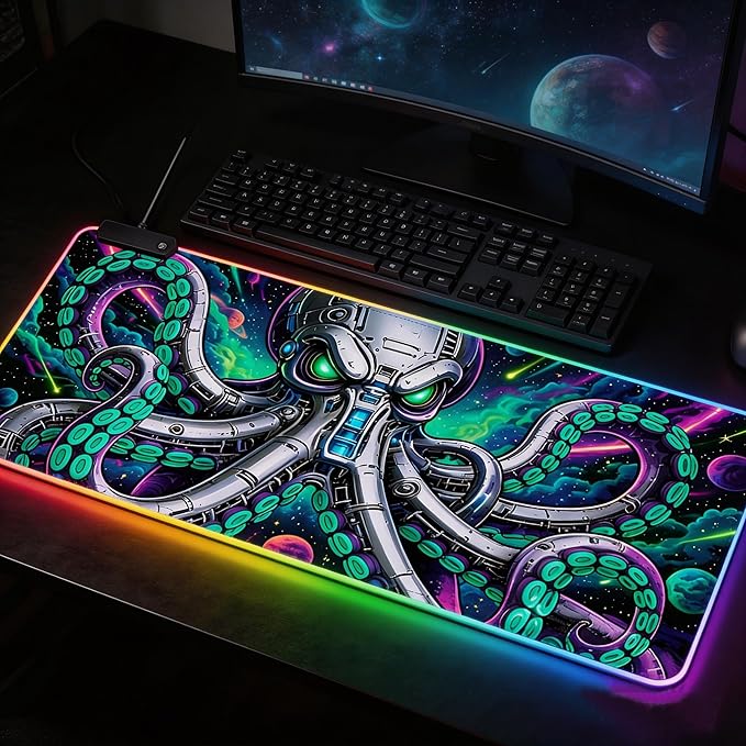 Cyberpunk Mechanical Octopus RGB Gaming Mouse Pad – 31.5"x11.8" XL LED Desk Mat with Neon Space Kraken Design, Upgraded Type-C Powered for PC & Laptop Setup