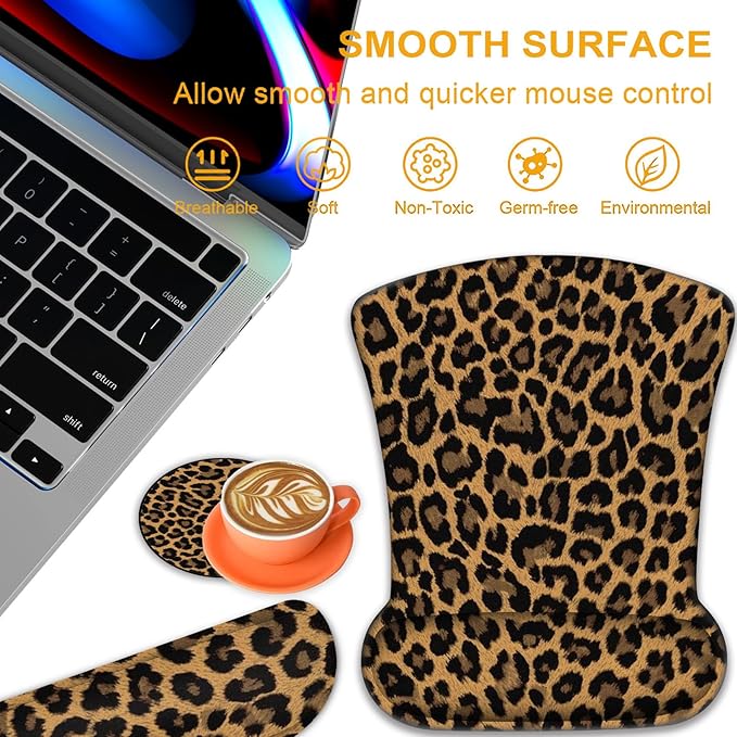 Ergonomic Mouse Pad, Mouse Wrist Rest Pad + Keyboard Wrist Rest Pad + Coaster, Made of Memory Foam, Easy to Use and Relieve Wrist Pain, Computer, Games, Office, Home - Leopard Print