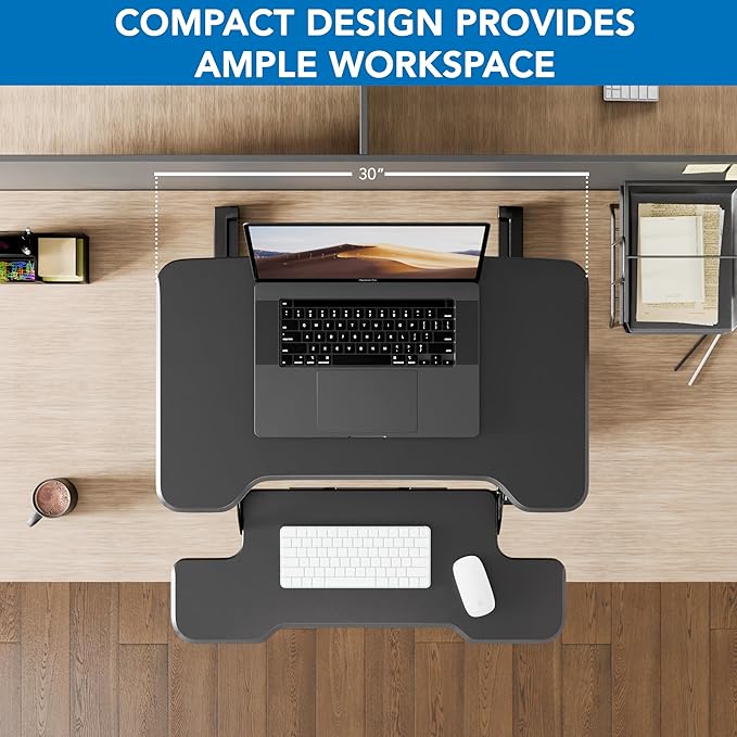 Mount-It! Height Adjustable Standing Desk Converter, Compact 30” Wide Tabletop Standing Desk Riser with Gas Spring, Desktop Stand Up Workstation with Keyboard Tray Fits Monitor or Laptop, Black