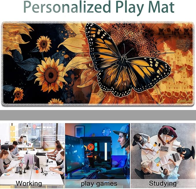 Large Gaming Mouse Pad + Keyboard Wrist Rest + Wrist Support + Coaster Set, Memory Foam Ergonomic for Easy Typing, XXL Extended Gaming Mouse Pad Table Pad - Sunflower and Butterfly