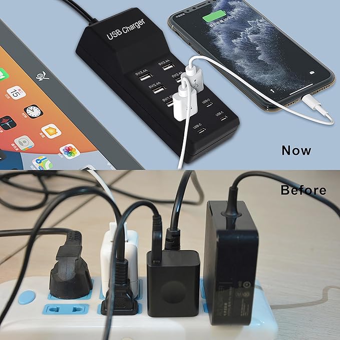 USB Charger,50W USB Charging Station with 10-Port (6 USB-A Port & 4 USB-C Port) Compatible with iPhone 15/14/13/12/11/X/8/7/6 Phones, Watch,Tablets, Smartphones Black