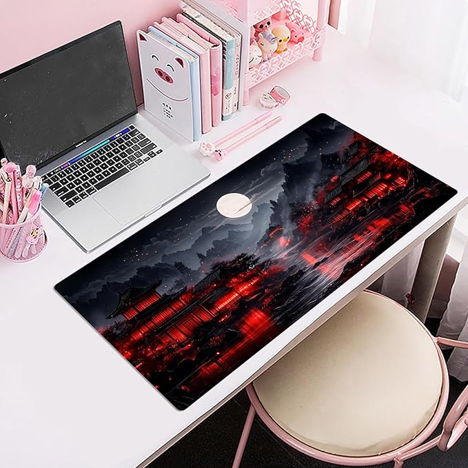 HVEST Japanese Gaming Mouse Pad, Black and Red Full Moon Large Mousepad,Laptop Computer Keyboard Mat with Non-Slip Rubber Base and Stitched Edge for Game, Office, Home 31.5'' x 15.7''