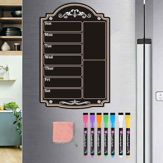 Acrylic Magnetic Dry Erase Board Calendar for Fridge 12" x 8" Black Weekly Planner Whiteboard for Refrigerator Magnet Planning Calendars to Do List Family House Kitchen Decor with 7 Colors Markers