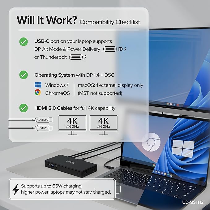 Plugable USB-C Docking Station Dual 4K 60Hz HDMI, 65W Charging, Gigabit Ethernet, 1x USB-C 5Gbps, 3X USB-A, Audio, Windows/ChromeOS, USB-C/USB4/Thunderbolt, Driverless (UD-MSTH2)