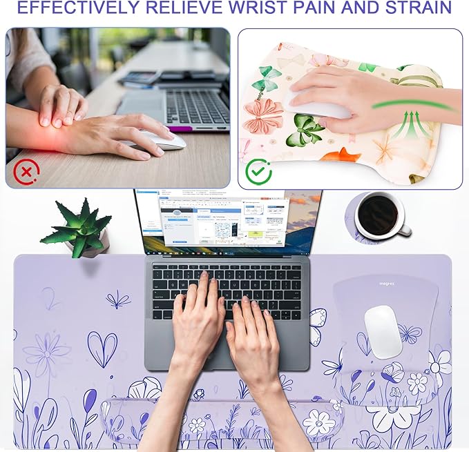 MEGREZ 4-in-1 Ergonomic Memory Foam Wrist Rest Set, Desk Pad, Mouse Pad with Wrist Rest, Keyboard Pad, Suitable for Office Workers, Programmers & Gamers–Relieve Typing & Gaming Fatigue,Light Purple