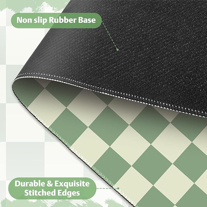 Desk Mat for Keyboard and Mouse, Large Mouse Pad Non-Slip Keyboard Pad, Computer Mats for Desktop, Cute Check Desk Pad with Stitched Edges for Office, Gaming I Sage Green Grid
