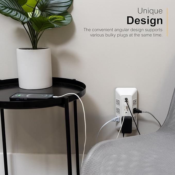 GE 8-Outlet Surge Protector with USB, Outlet Extender, 2 USB-A, 1 USB-C, Adapter Spaced, Multi Plug, Charging Station, for Home School and Office, 2000 Joules, White/Gray - 73654