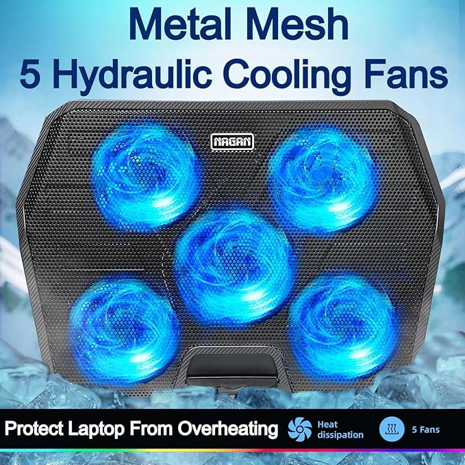 NAGAN Laptop Cooling Pad with 6 Fans, Ergonomic USB Powered Cooling Pad for Laptop with Dual USB 2.0 Ports, Height-Adjustable, Metal Mesh Gaming Notebook Cooler, Fits 15-17.3 inch Laptops