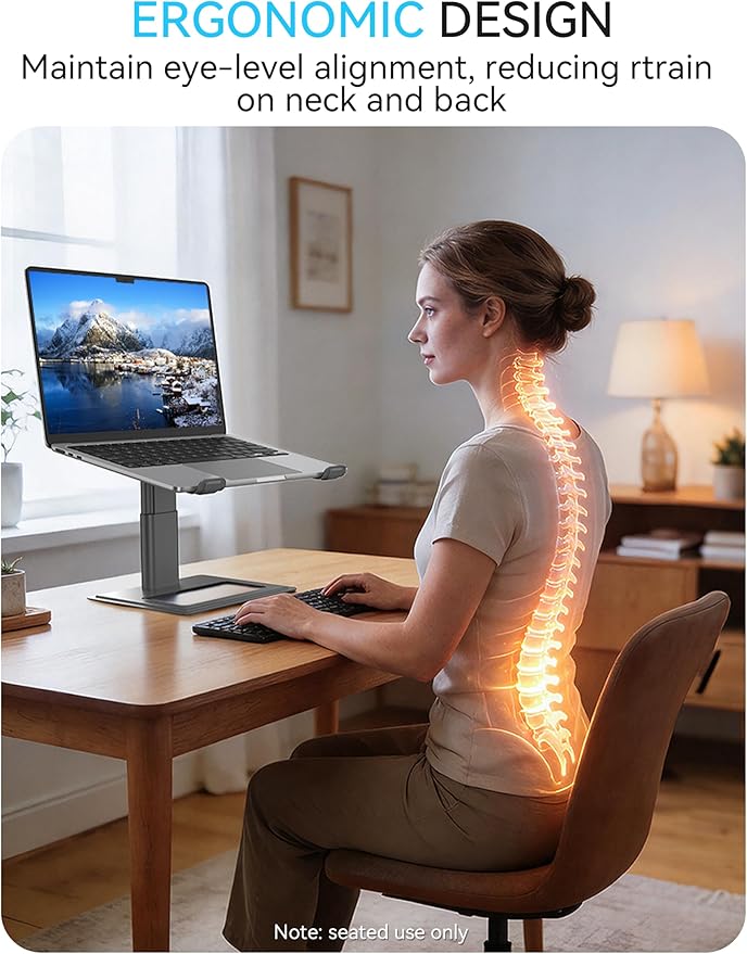 SOUNDANCE Adjustable Laptop Stand, Ergonomic Aluminum Riser for 10-17.3” Notebooks, Ventilated Metal Holder with Height Alignment for Desk Workspace, Grey