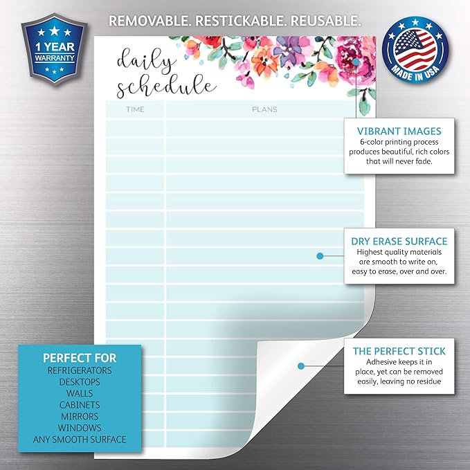 Dry Erase Daily Schedule Planner Sticker Decal by Glassboard Studio | Removable & Reusable | Magnetic Fine-Tip Marker Included (6 x 9 inches, Floral)