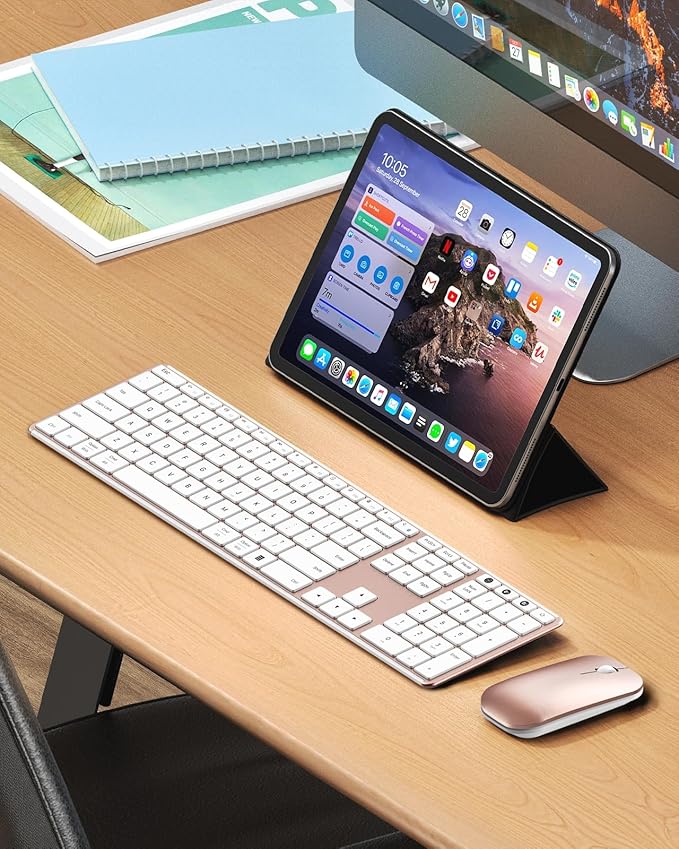 seenda Wireless Bluetooth Keyboard and Mouse Combo, SKM64-3 Rechargeable Slim Quiet Keyboard Mouse, 3 Multi-Device Connection, Compatible for Windows, Mac, MacBook, iPad, Tablet, White Rose Gold